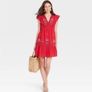 Knox Rose Women Red Medium Sleeveless Ruffle Embroidered Tunic Flutter Dress